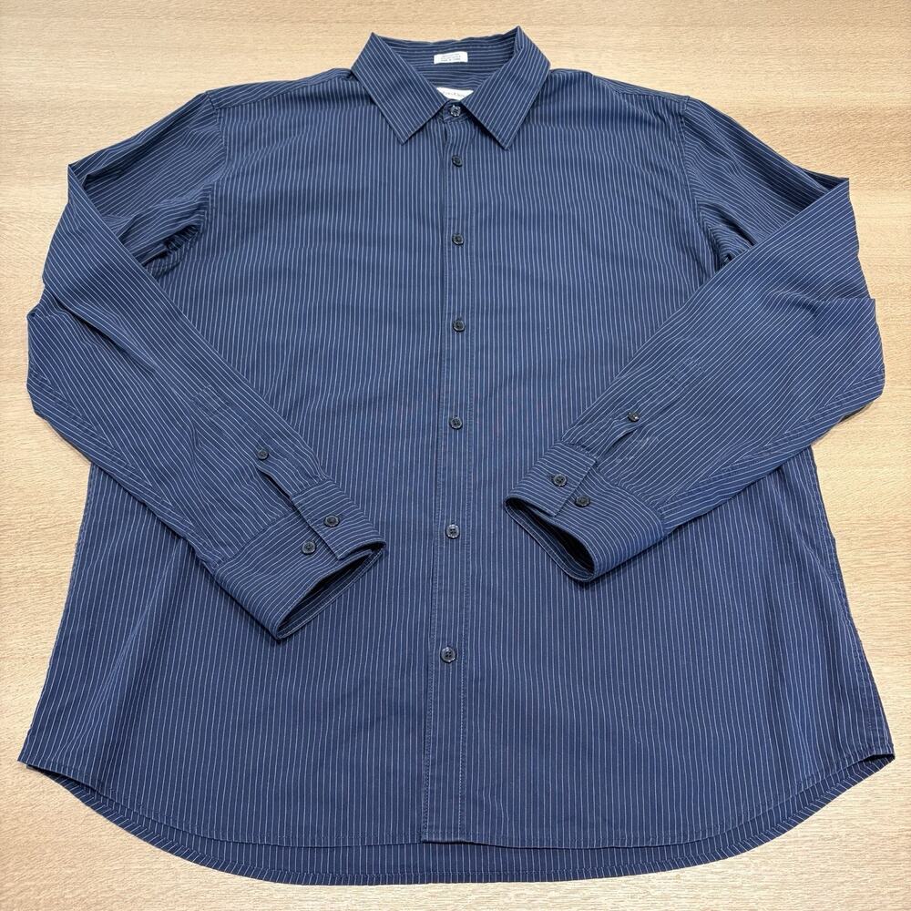 Calvin Klein Men's Large Regular Fit Blue/White Striped Stretch Dress Shirt